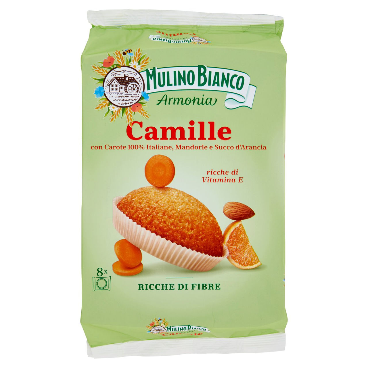 Mulino Bianco Armonia Camille Merenda Ricca di Fibre Carote Mandorle Succo d'Arancia 8 tortine 304g