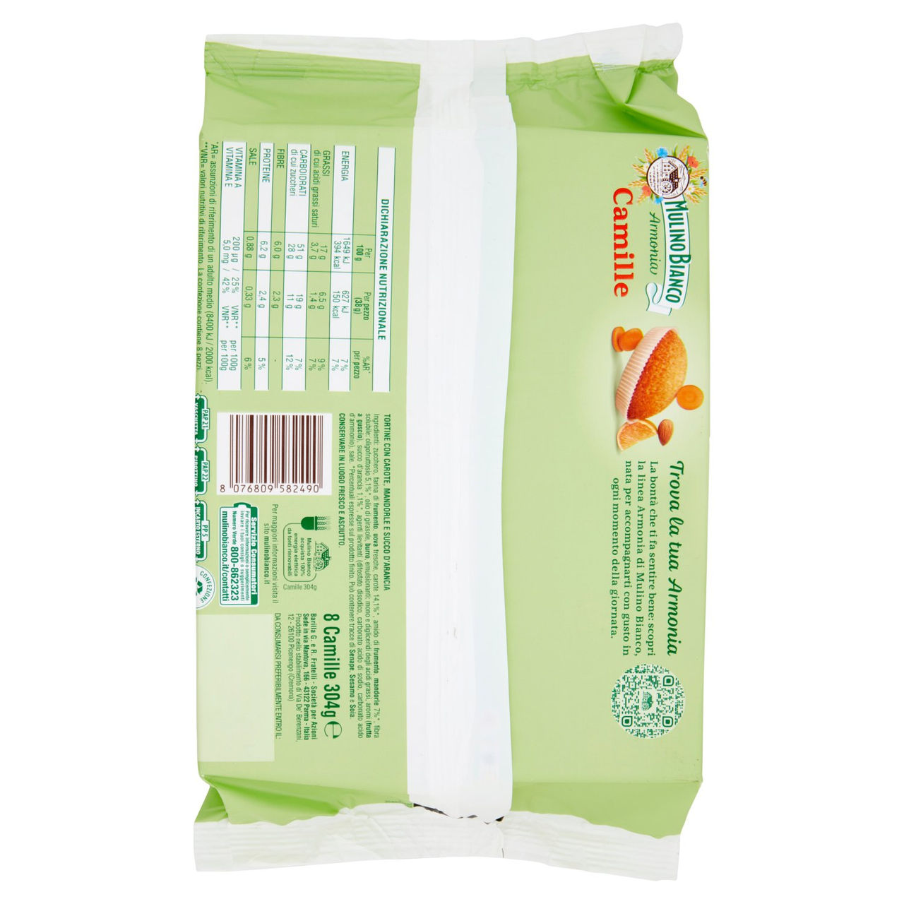 Mulino Bianco Armonia Camille Merenda Ricca di Fibre Carote Mandorle Succo d'Arancia 8 tortine 304g