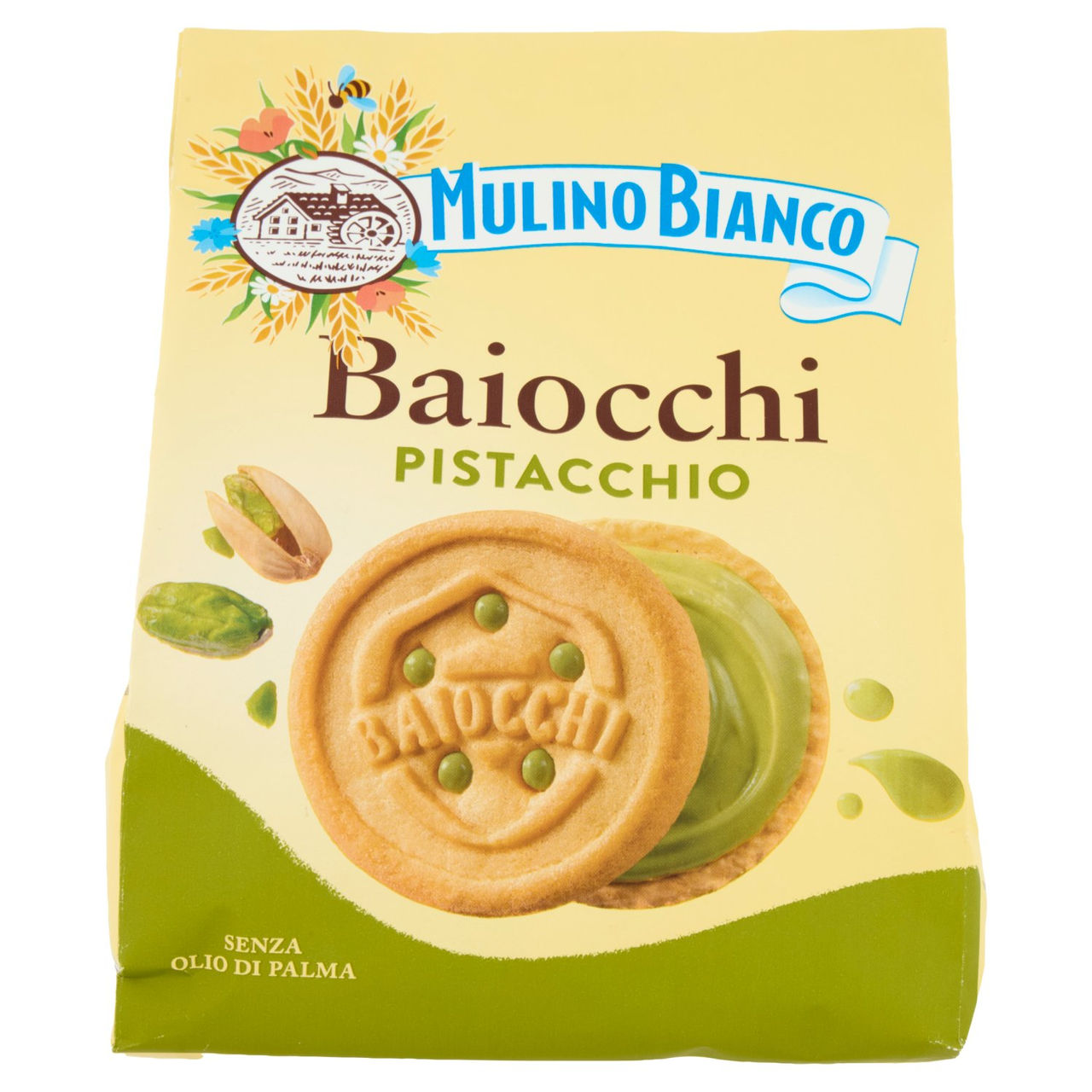 Mulino Bianco Baiocchi Biscotti Snack Farciti con Crema al Pistacchio 240g