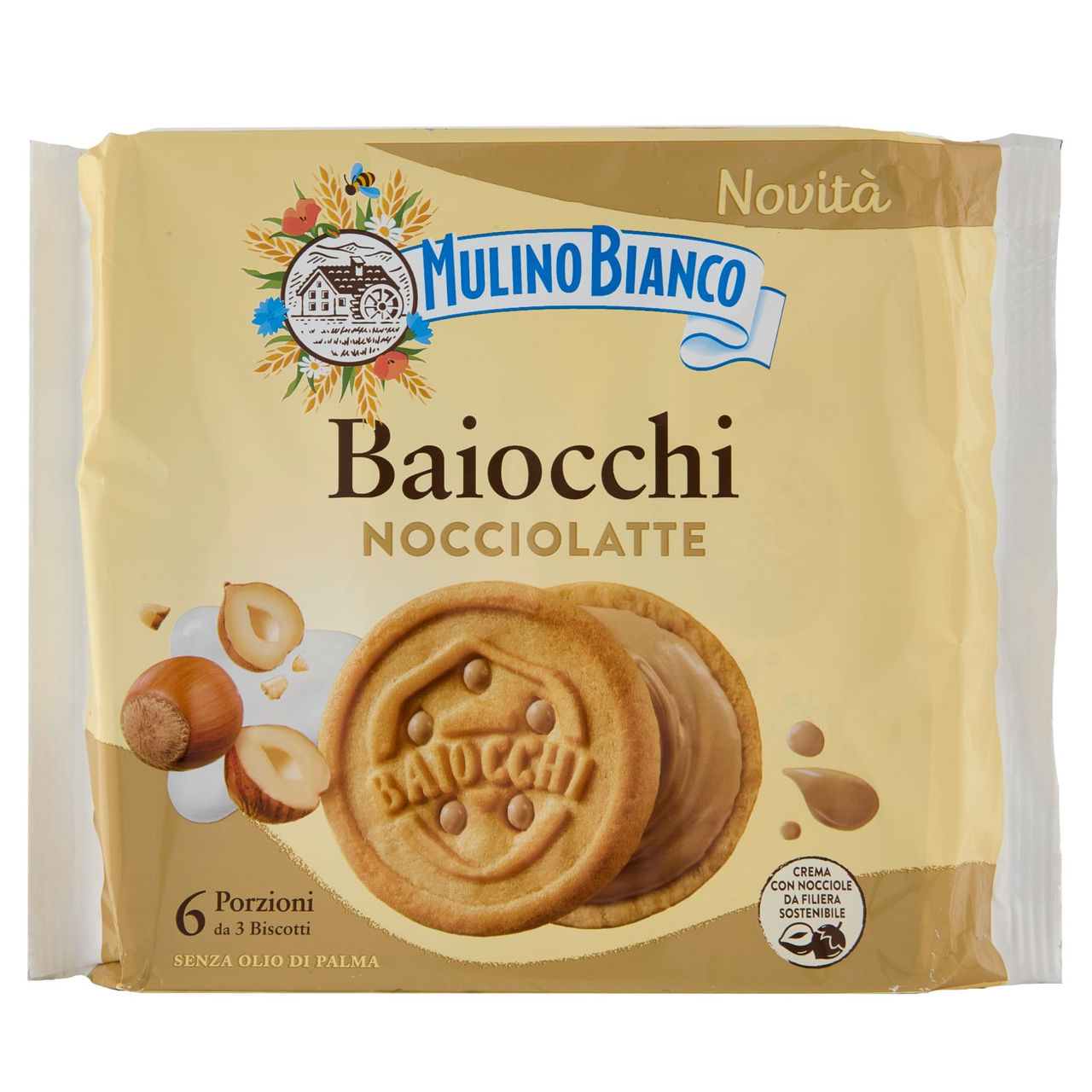 Mulino Bianco Baiocchi Snack Biscotti Farciti con Crema Nocciole e Latte Nocciole 100% Italiane 168g