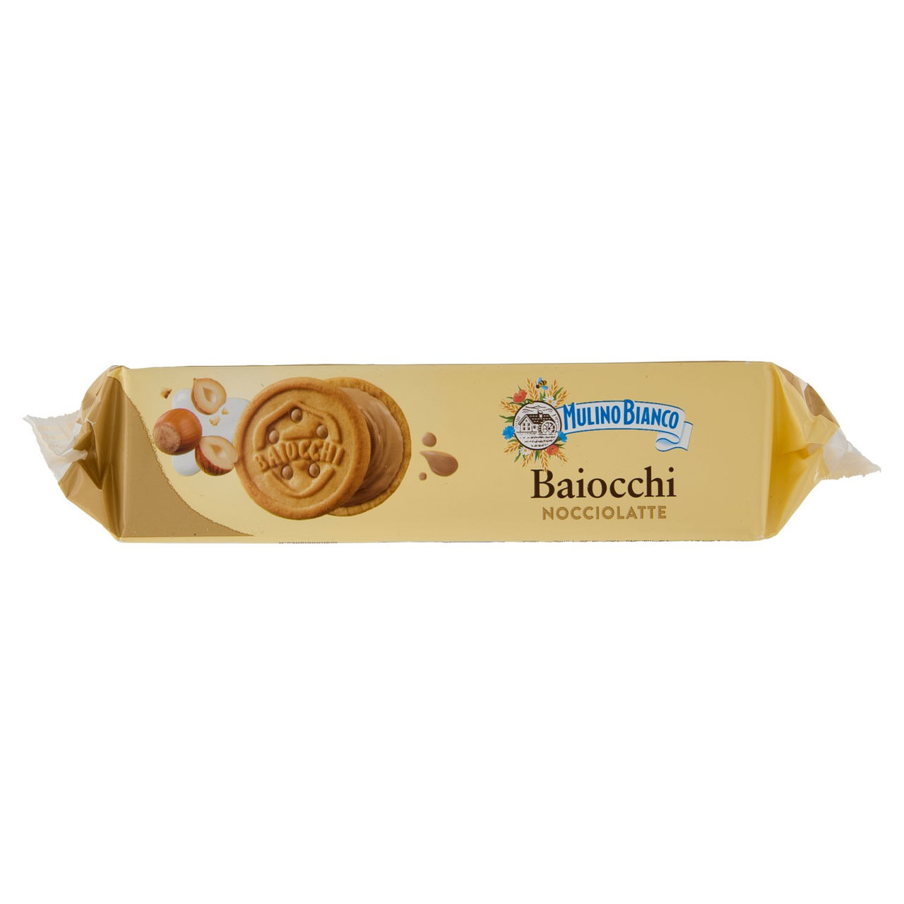 Mulino Bianco Baiocchi Snack Biscotti Farciti con Crema Nocciole e Latte Nocciole 100% Italiane 168g