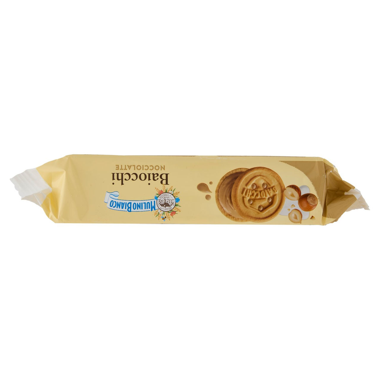 Mulino Bianco Baiocchi Snack Biscotti Farciti con Crema Nocciole e Latte Nocciole 100% Italiane 168g