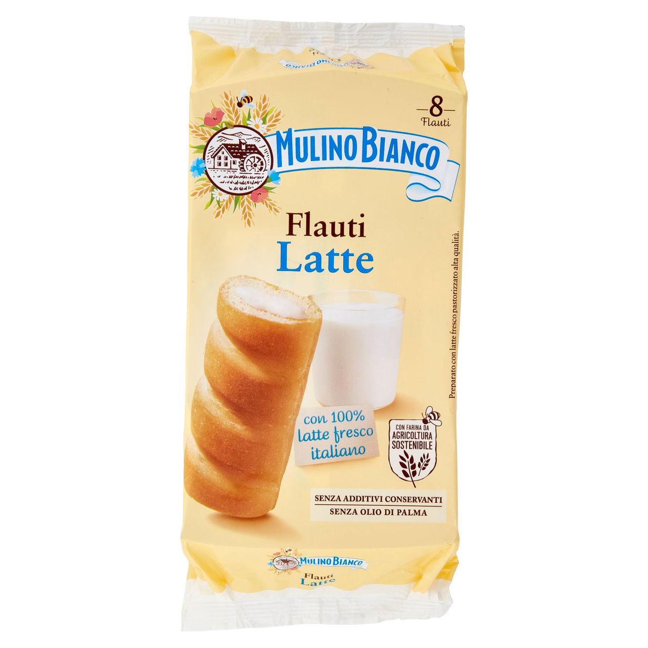 Mulino Bianco Flauti Latte Merenda con 100% Latte Fresco Italiano 8 pezzi 280g