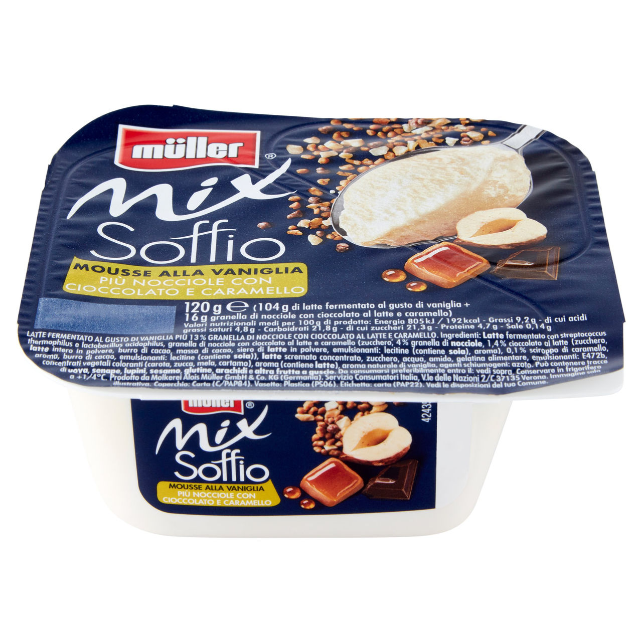 müller Mix Soffio Mousse alla Vaniglia Più Nocciole con Cioccolato e Caramello 120 g