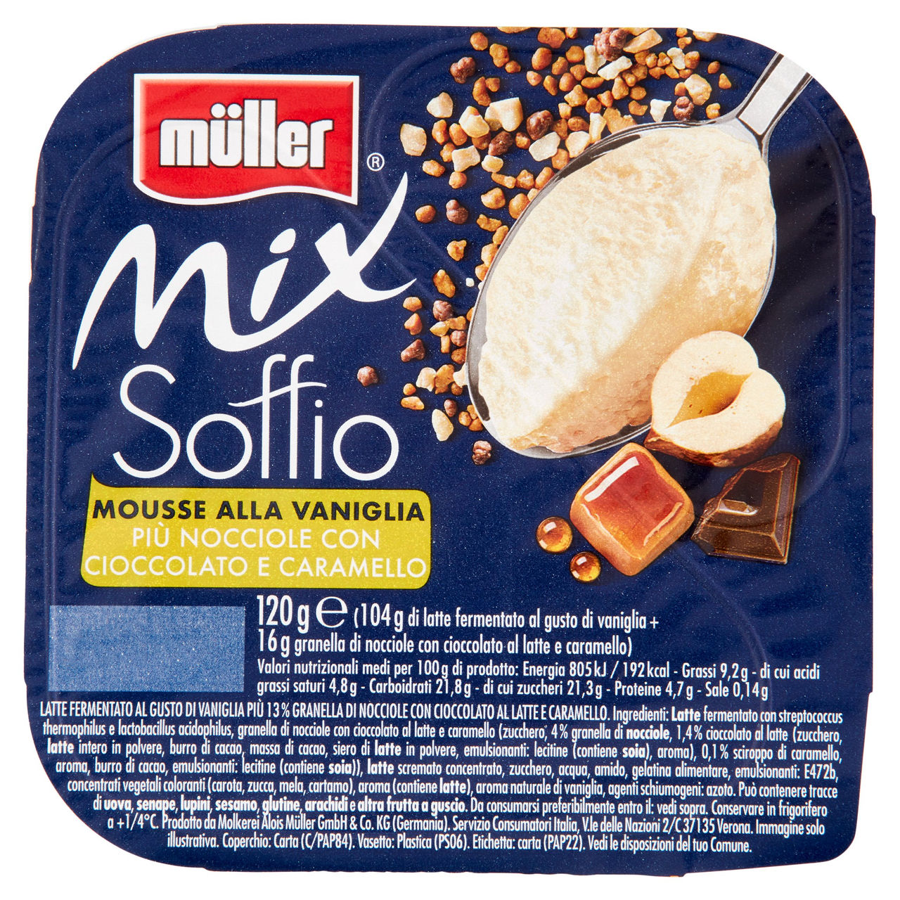 müller Mix Soffio Mousse alla Vaniglia Più Nocciole con Cioccolato e Caramello 120 g