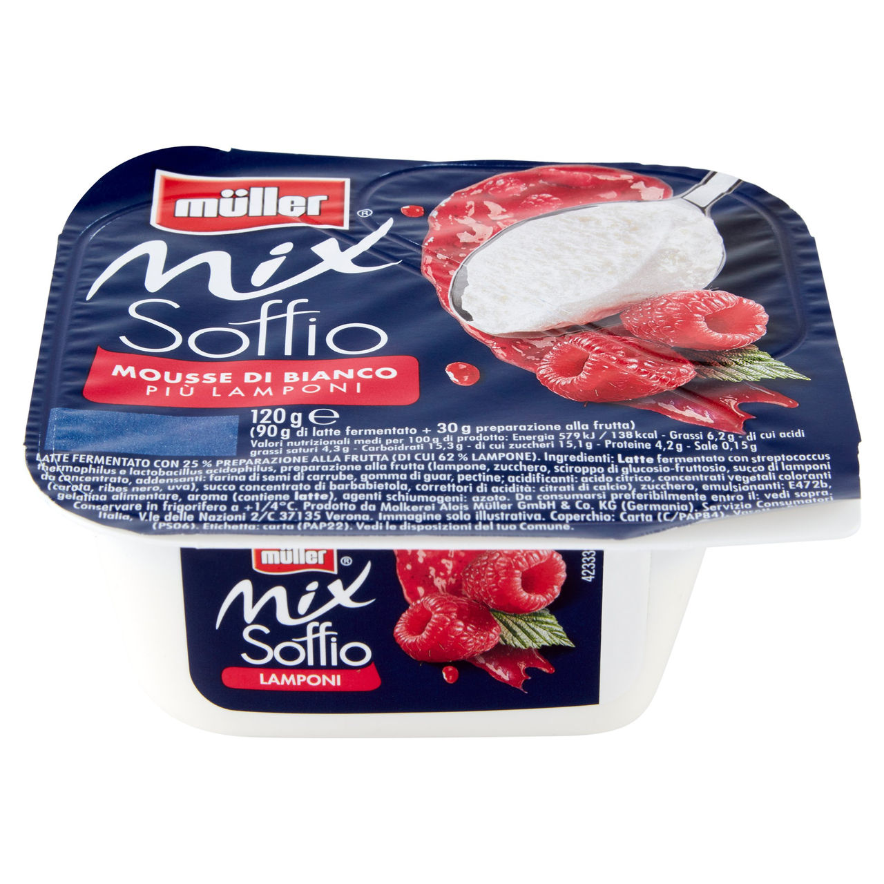müller Mix Soffio Mousse di Bianco Più Lamponi 120 g