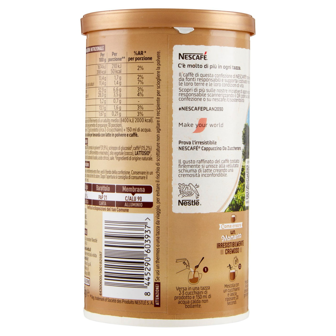 NESCAFÉ Cappuccino Solubile da Zuccherare Barattolo 225g