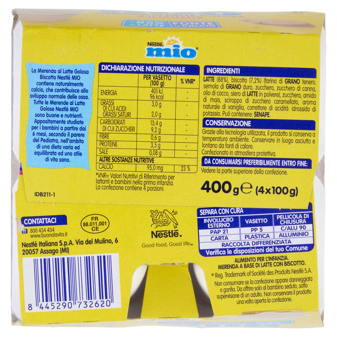 NESTLÉ MIO Merenda al Latte Biscotto 4 Vasetti da 100g