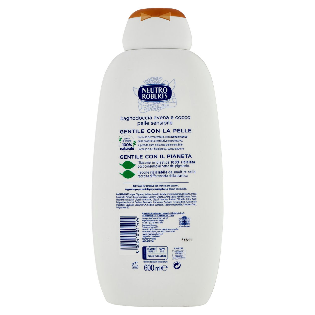 Neutro Roberts pelle sensibile con avena e cocco Bagnodoccia 600 ml