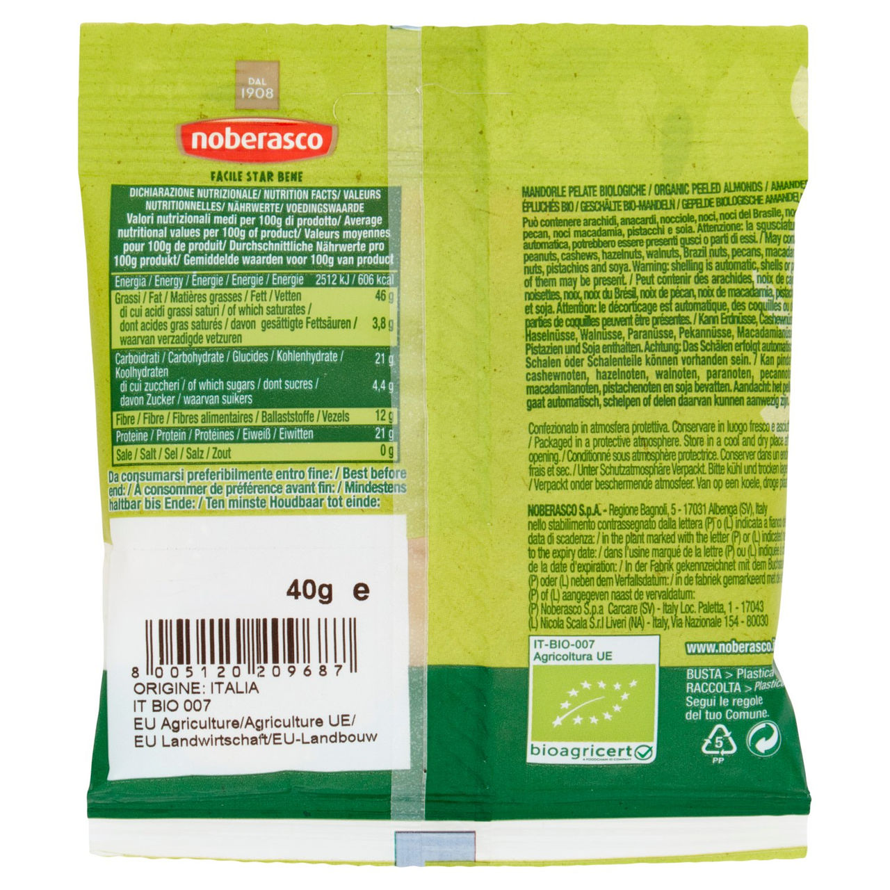 noberasco Bio Mandorle Pelate 40 g