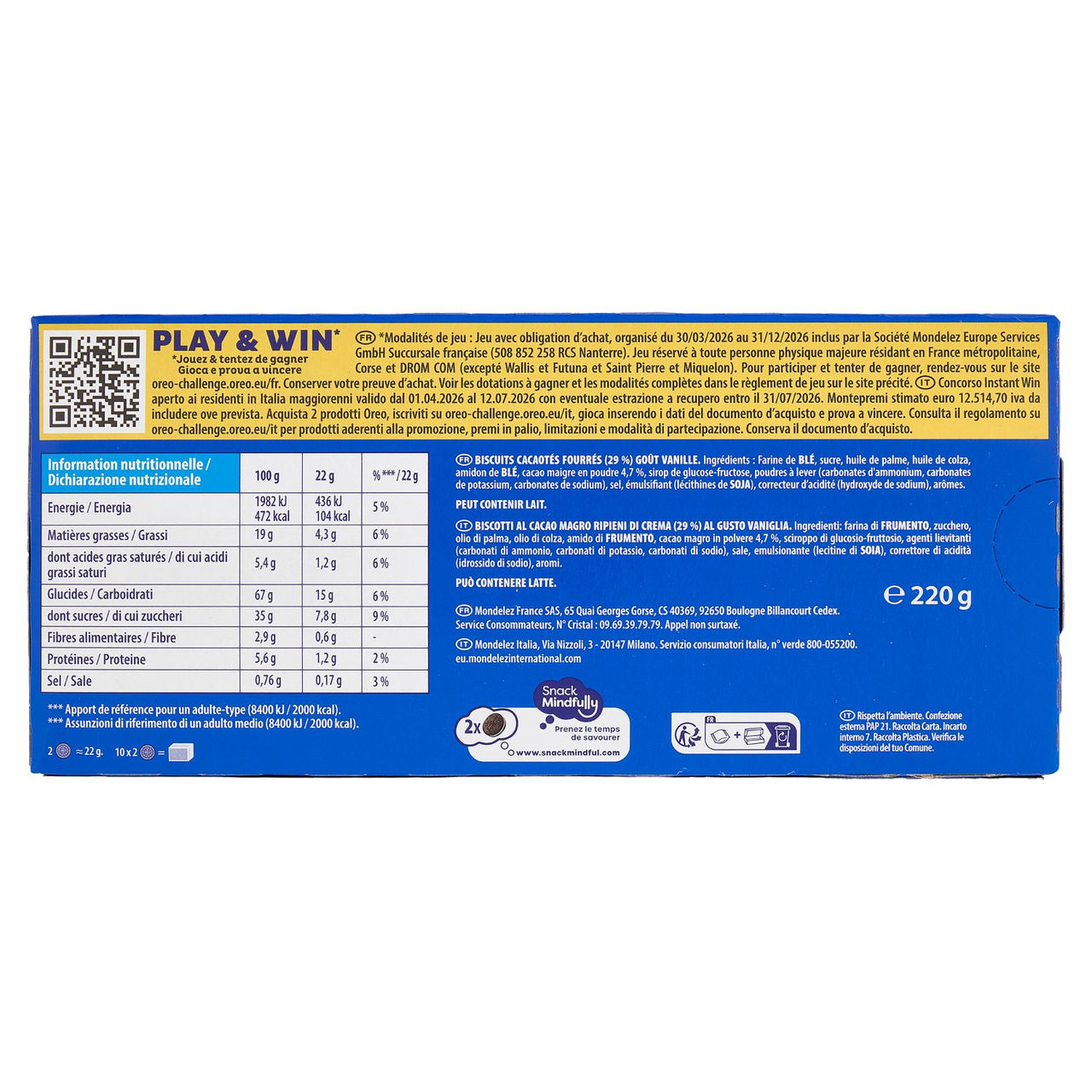 Oreo Original, biscotti al cacao magro ripieni di crema al gusto vaniglia - 220 g