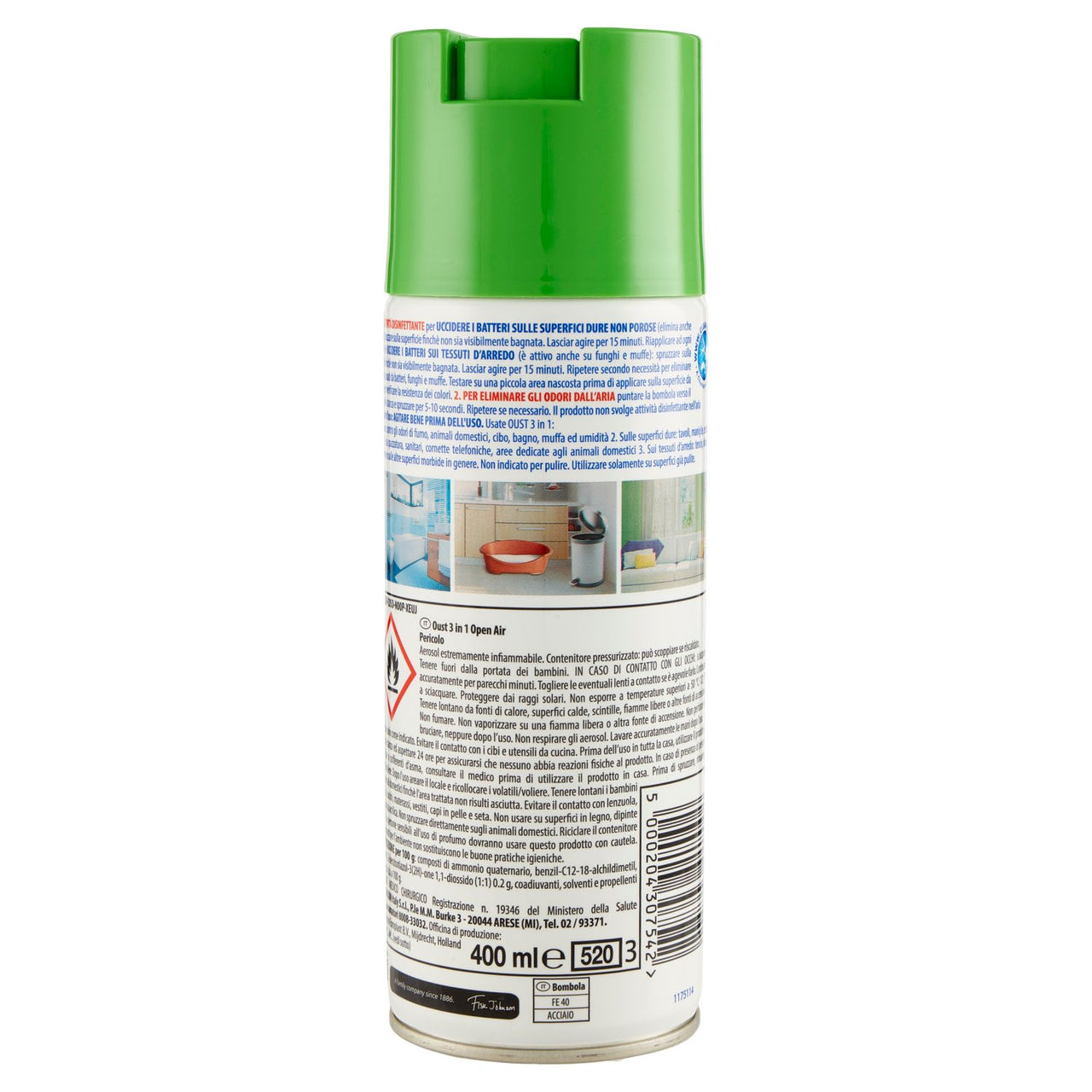 Oust 3 in 1 Spray Disinfettante per Superfici e Tessuti d'Arredo, Fragranza Open Air, 400ml