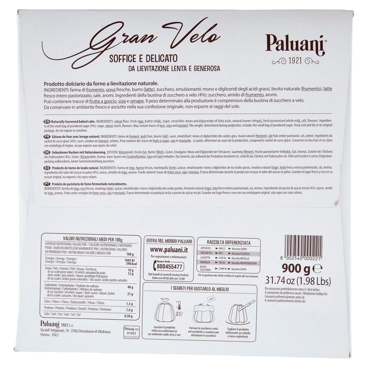 Pandoro Paluani Gran Velo 900 g