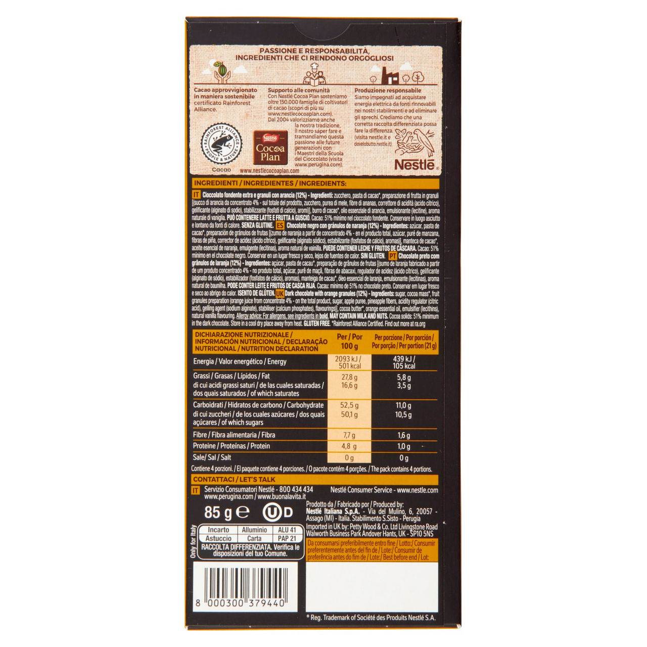 PERUGINA NERO Fondente Extra Arancia Tavoletta Cioccolato Fondente 85g