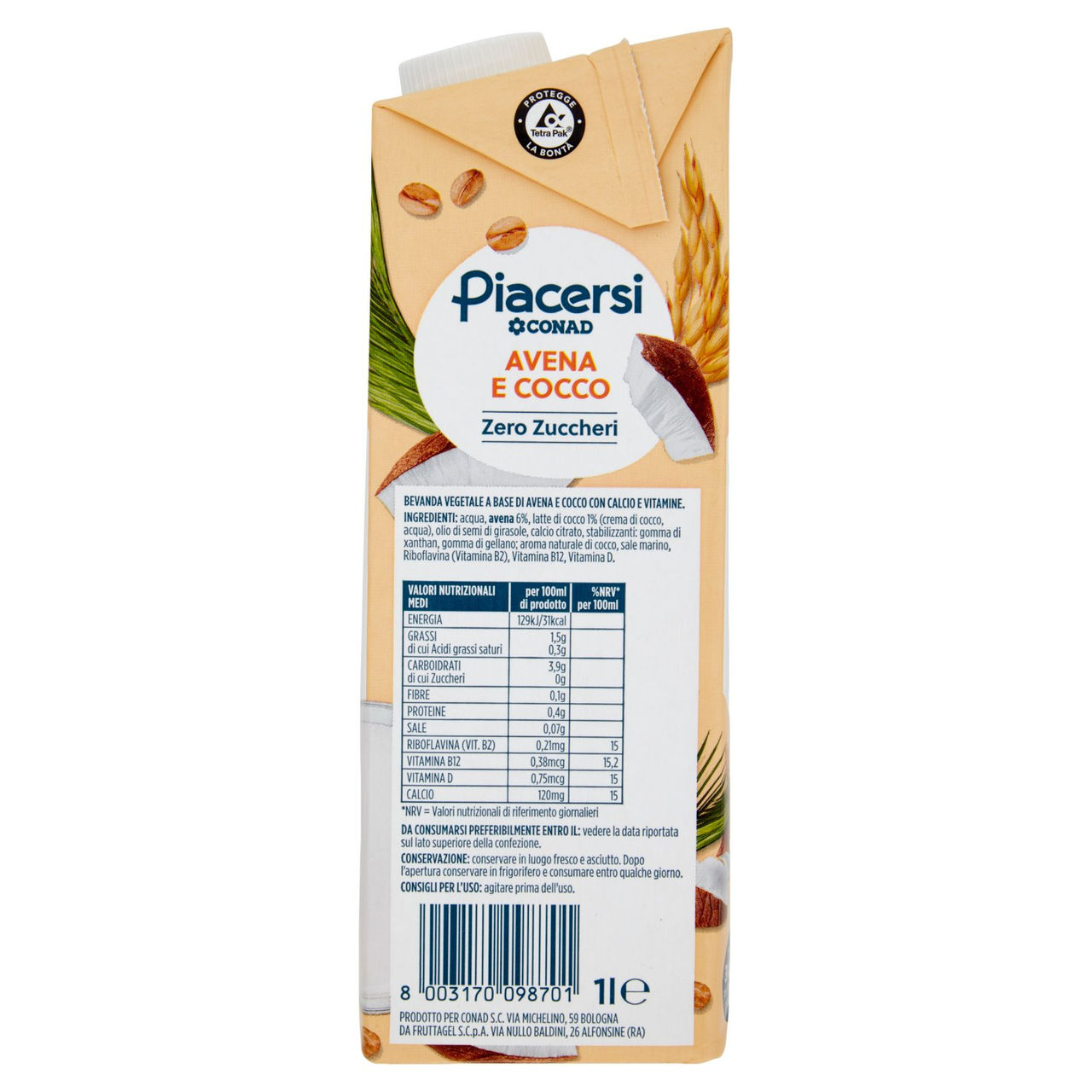 PIACERSI CONAD Avena e Cocco Zero Zuccheri 1 l