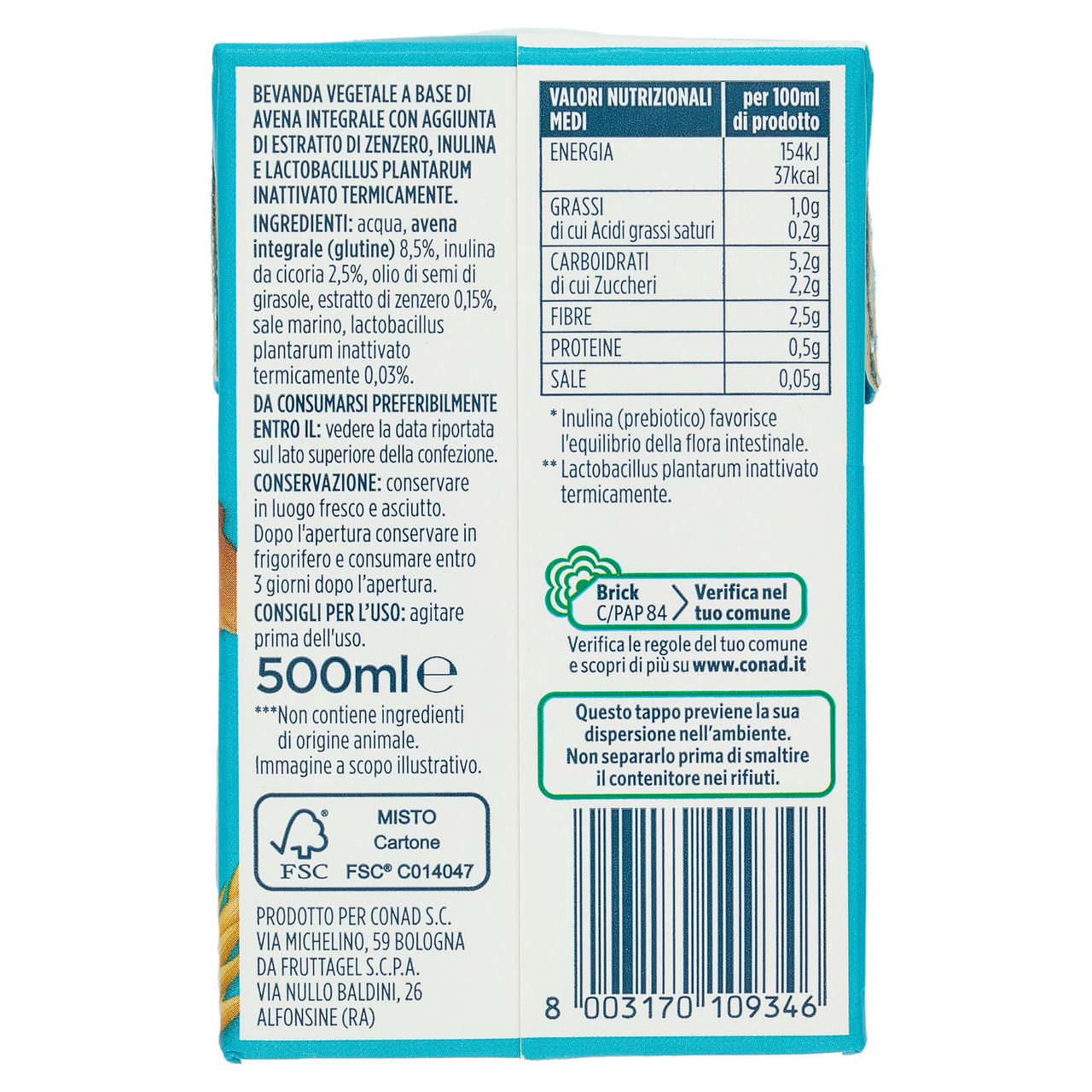 PIACERSI CONAD Avena Integrale e Zenzero 500 ml