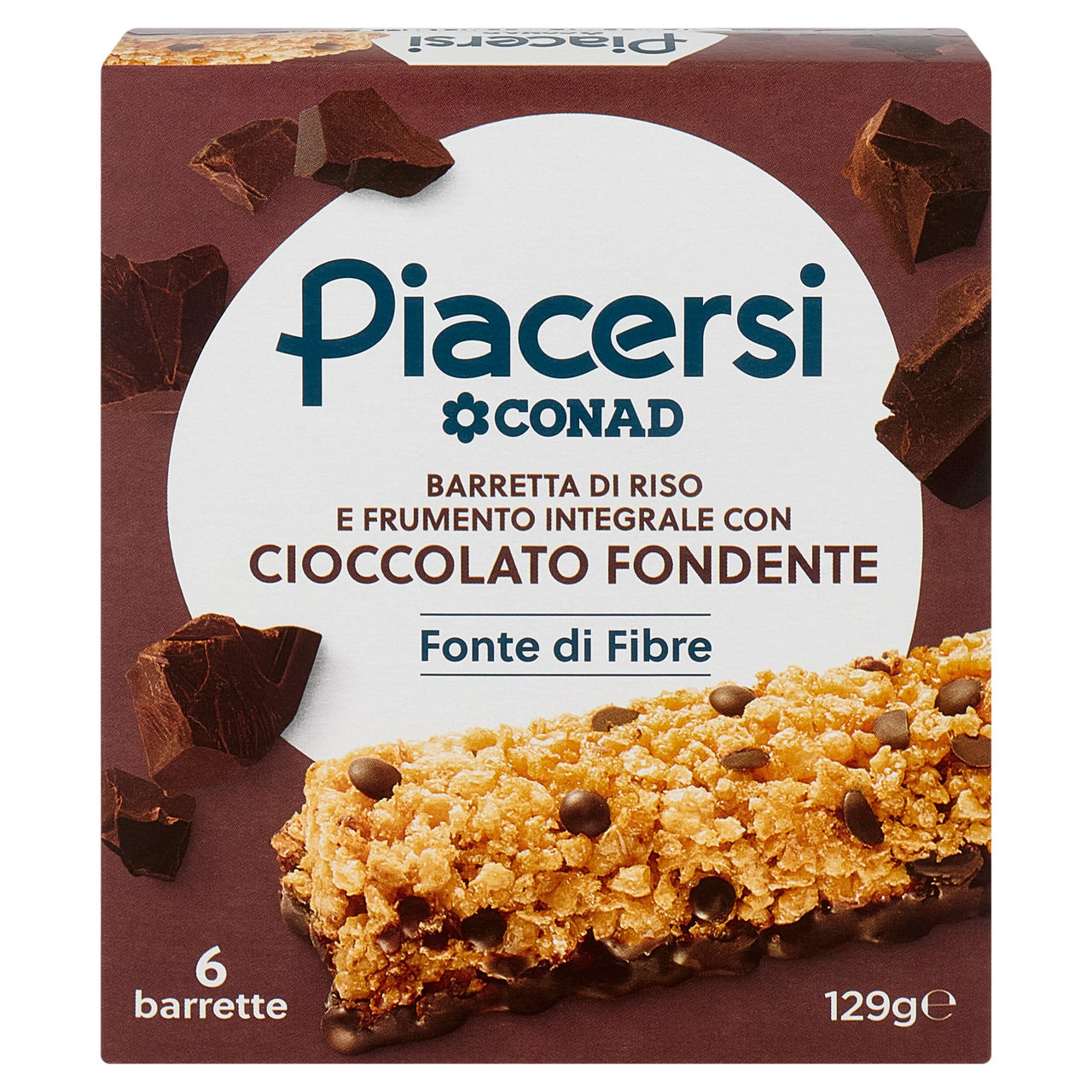 PIACERSI CONAD Barretta di Riso e Frumento Integrale con Cioccolato Fondente 6 x 21,5 g
