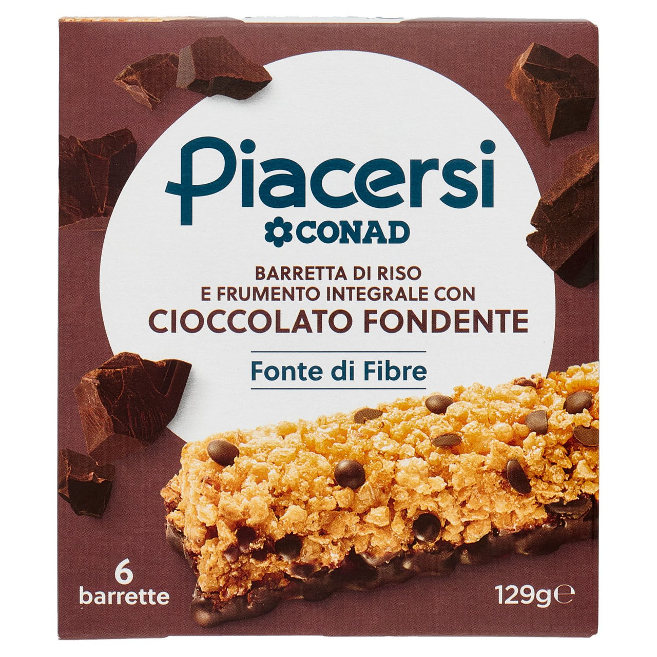PIACERSI CONAD Barretta di Riso e Frumento Integrale con Cioccolato Fondente 6 x 21,5 g