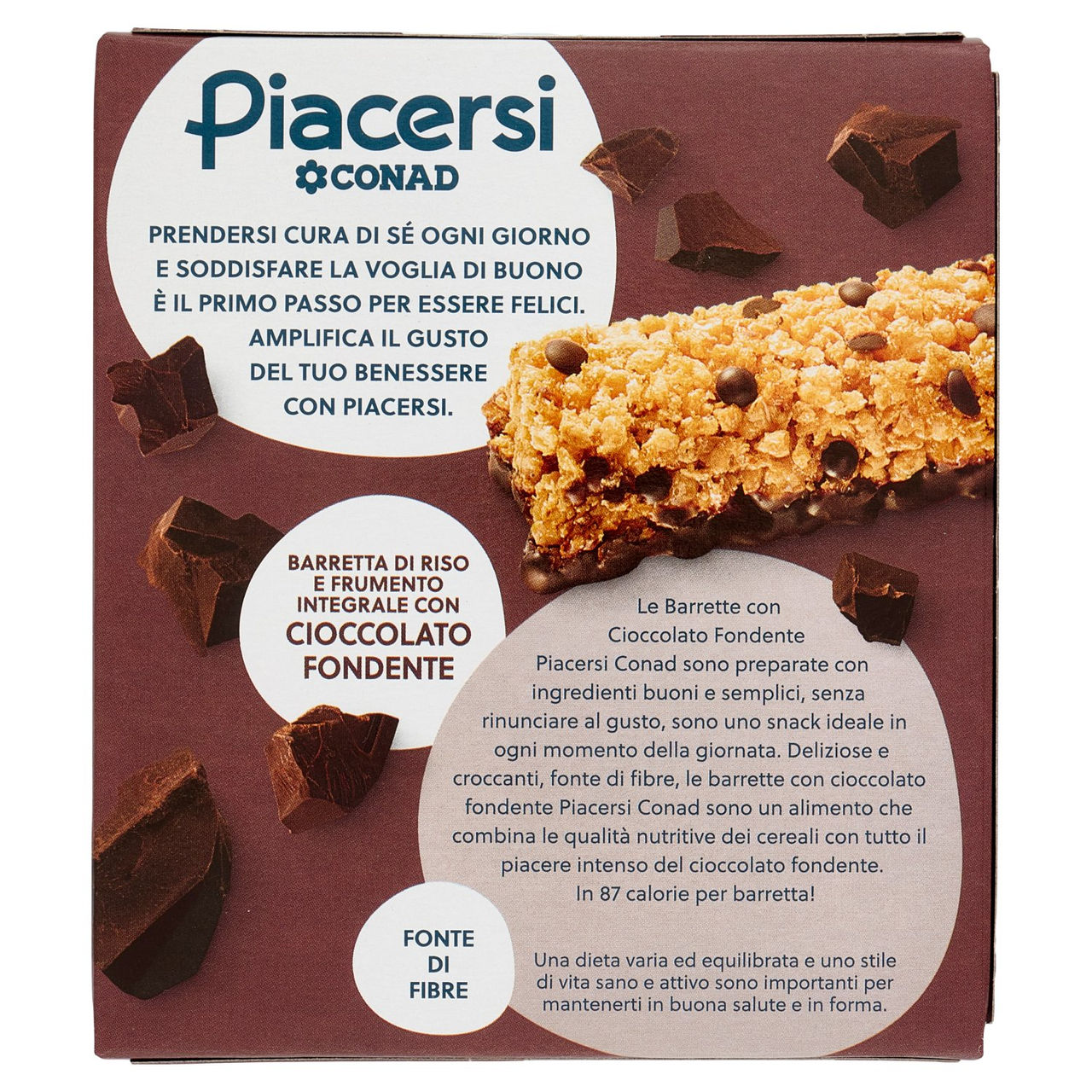 PIACERSI CONAD Barretta di Riso e Frumento Integrale con Cioccolato Fondente 6 x 21,5 g