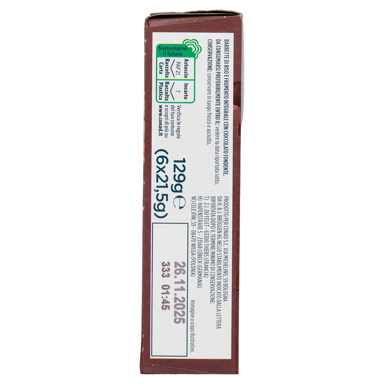 PIACERSI CONAD Barretta di Riso e Frumento Integrale con Cioccolato Fondente 6 x 21,5 g