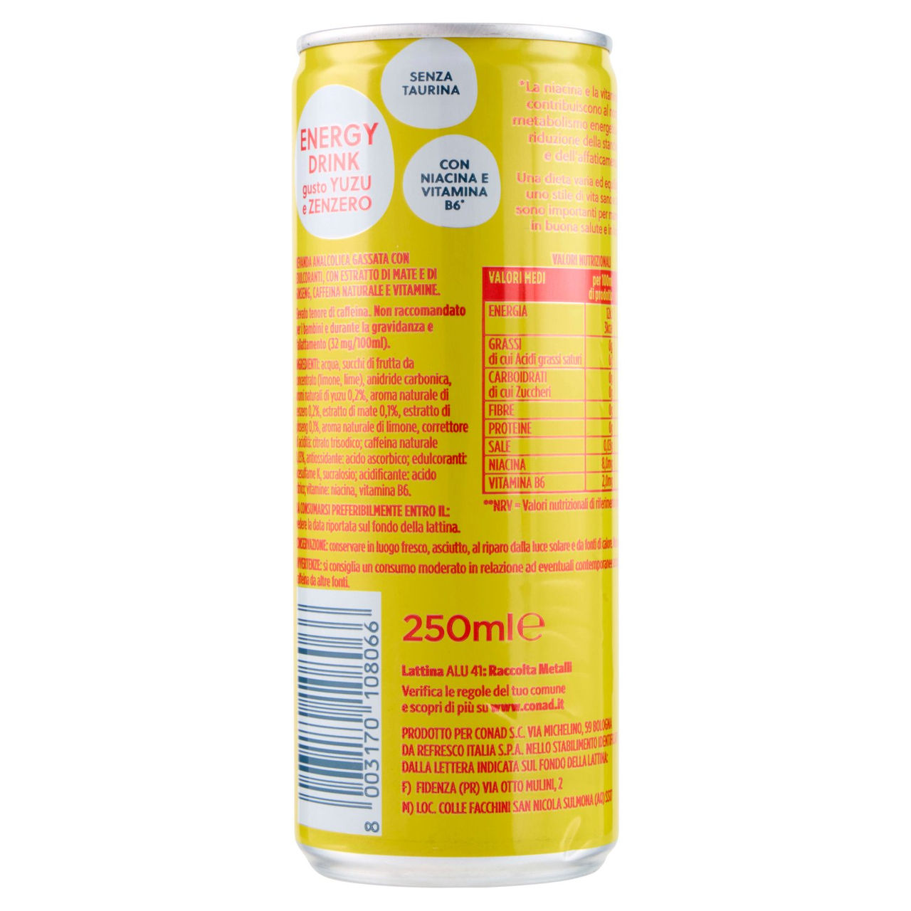 PIACERSI CONAD Energy Drink gusto Yuzu e Zenzero Zero Zuccheri 250 ml