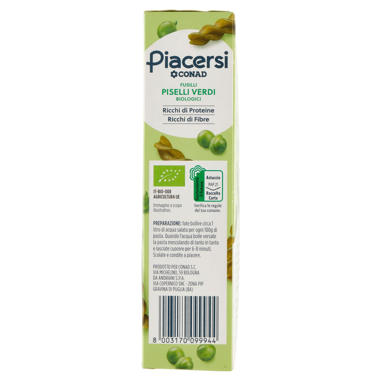 PIACERSI CONAD Fusilli Piselli Verdi Biologici 250 g