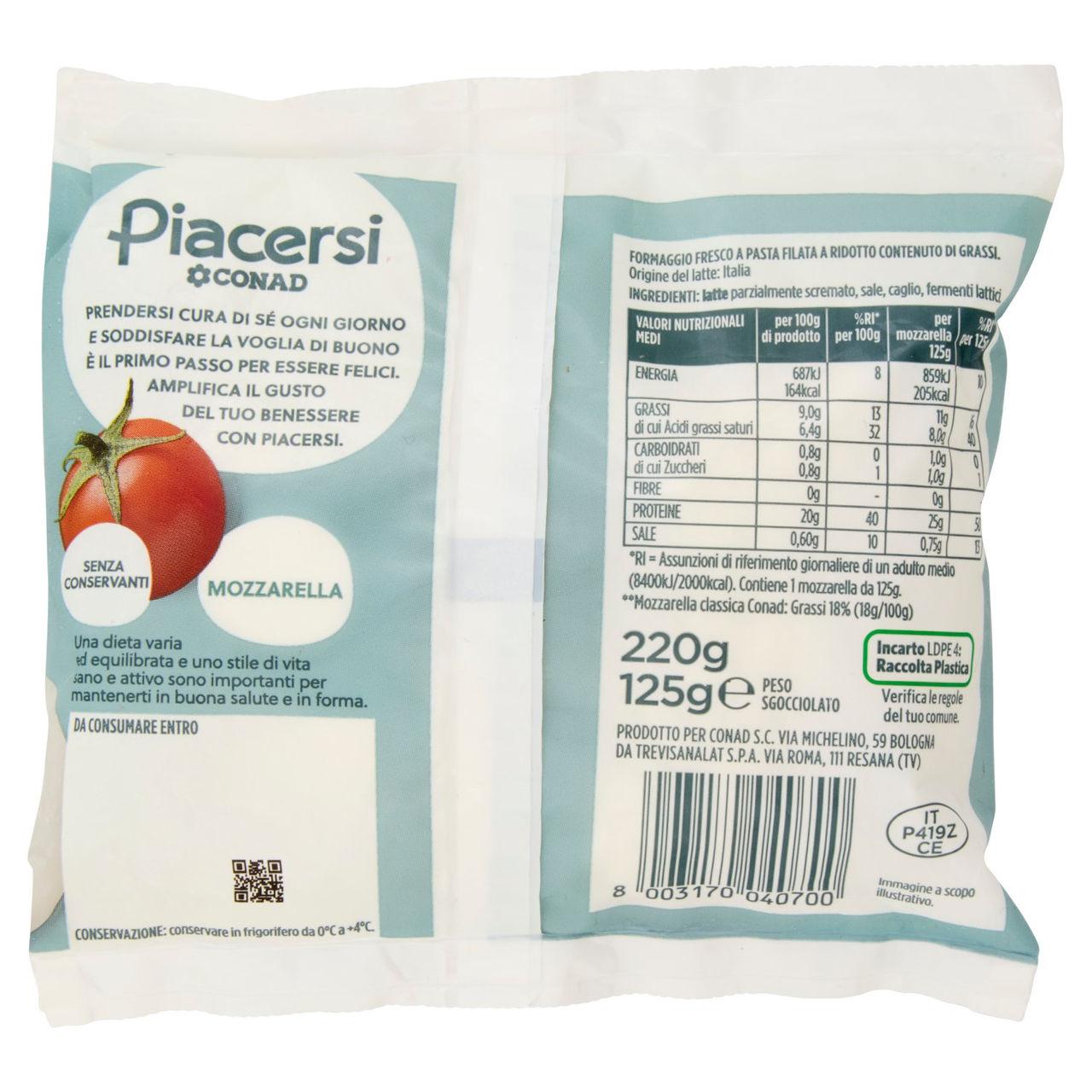 Mozzarella Light 125g Piacersi Conad online