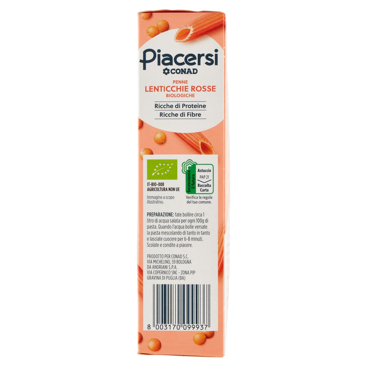 PIACERSI CONAD Penne Lenticchie Rosse Biologiche 250 g