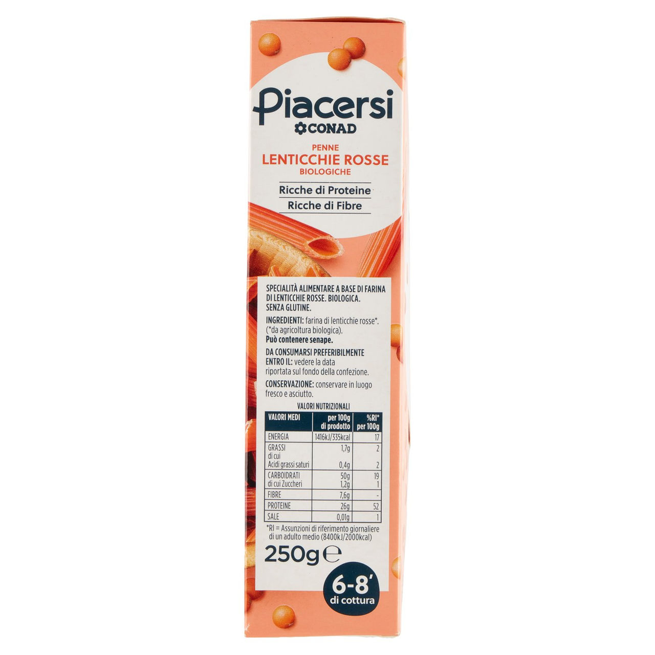 PIACERSI CONAD Penne Lenticchie Rosse Biologiche 250 g