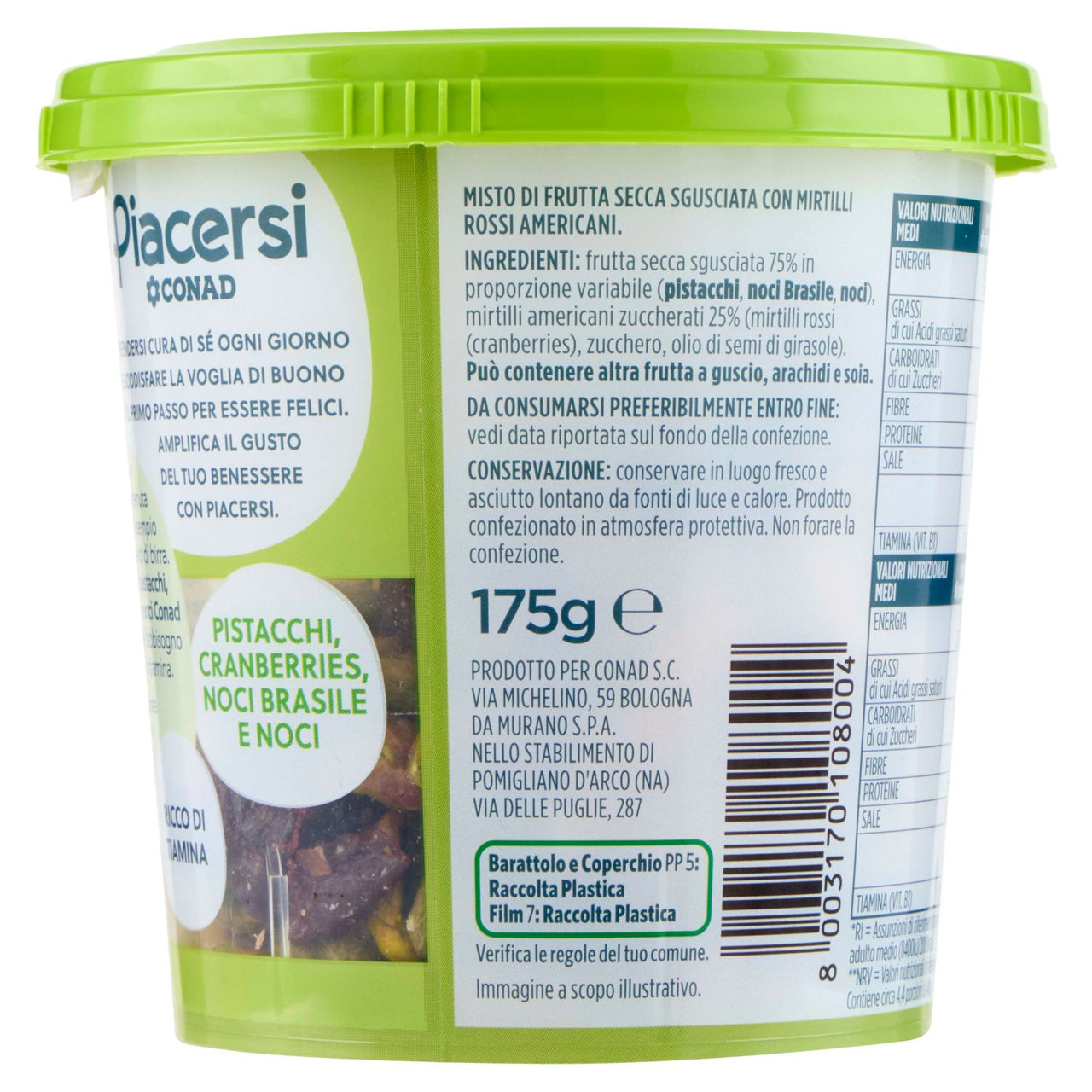 PIACERSI CONAD Pistacchi, Cranberries, Noci Brasile e Noci 175 g
