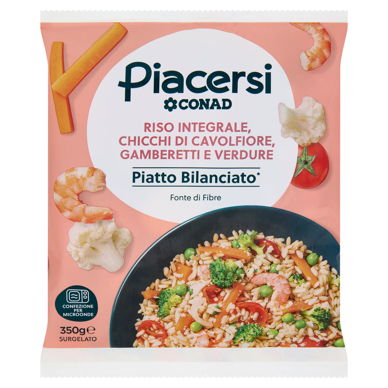 PIACERSI CONAD Riso Integrale, Chicchi di Cavolfiore, Gamberetti e Verdure Surgelato 350 g