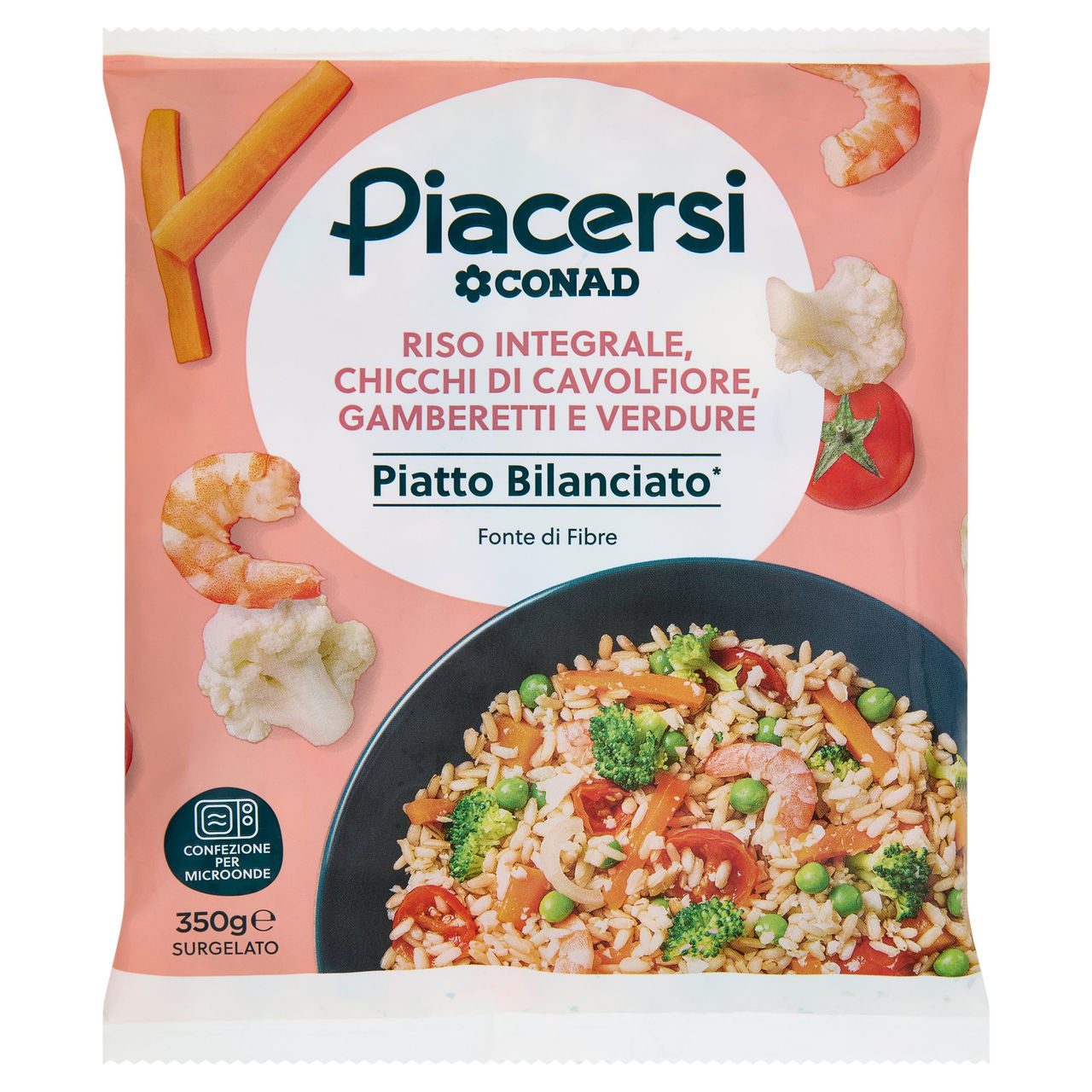 PIACERSI CONAD Riso Integrale, Chicchi di Cavolfiore, Gamberetti e Verdure Surgelato 350 g