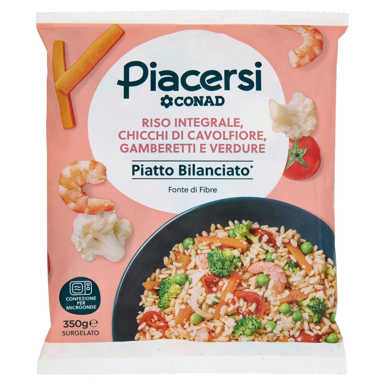 PIACERSI CONAD Riso Integrale, Chicchi di Cavolfiore, Gamberetti e Verdure Surgelato 350 g