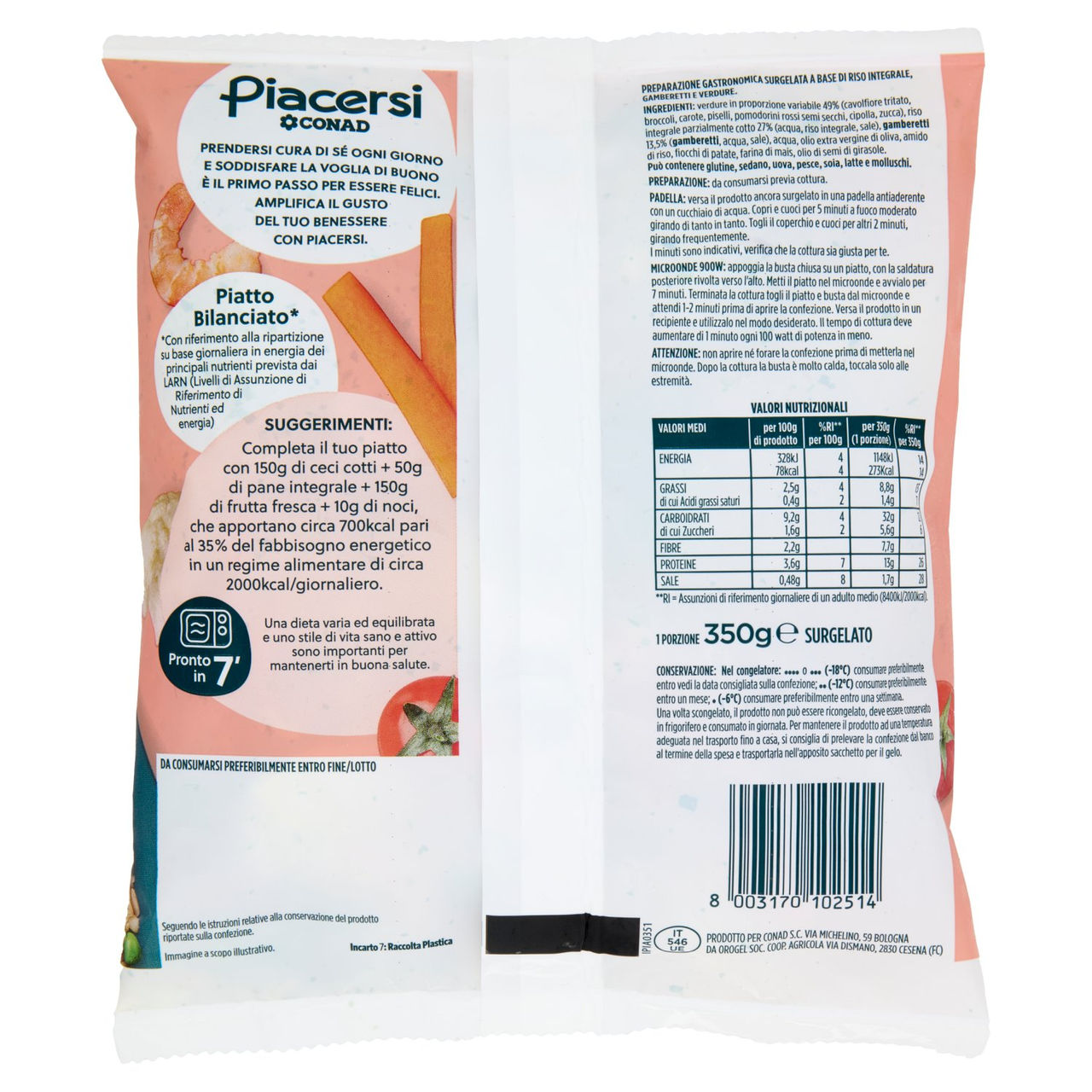 PIACERSI CONAD Riso Integrale, Chicchi di Cavolfiore, Gamberetti e Verdure Surgelato 350 g