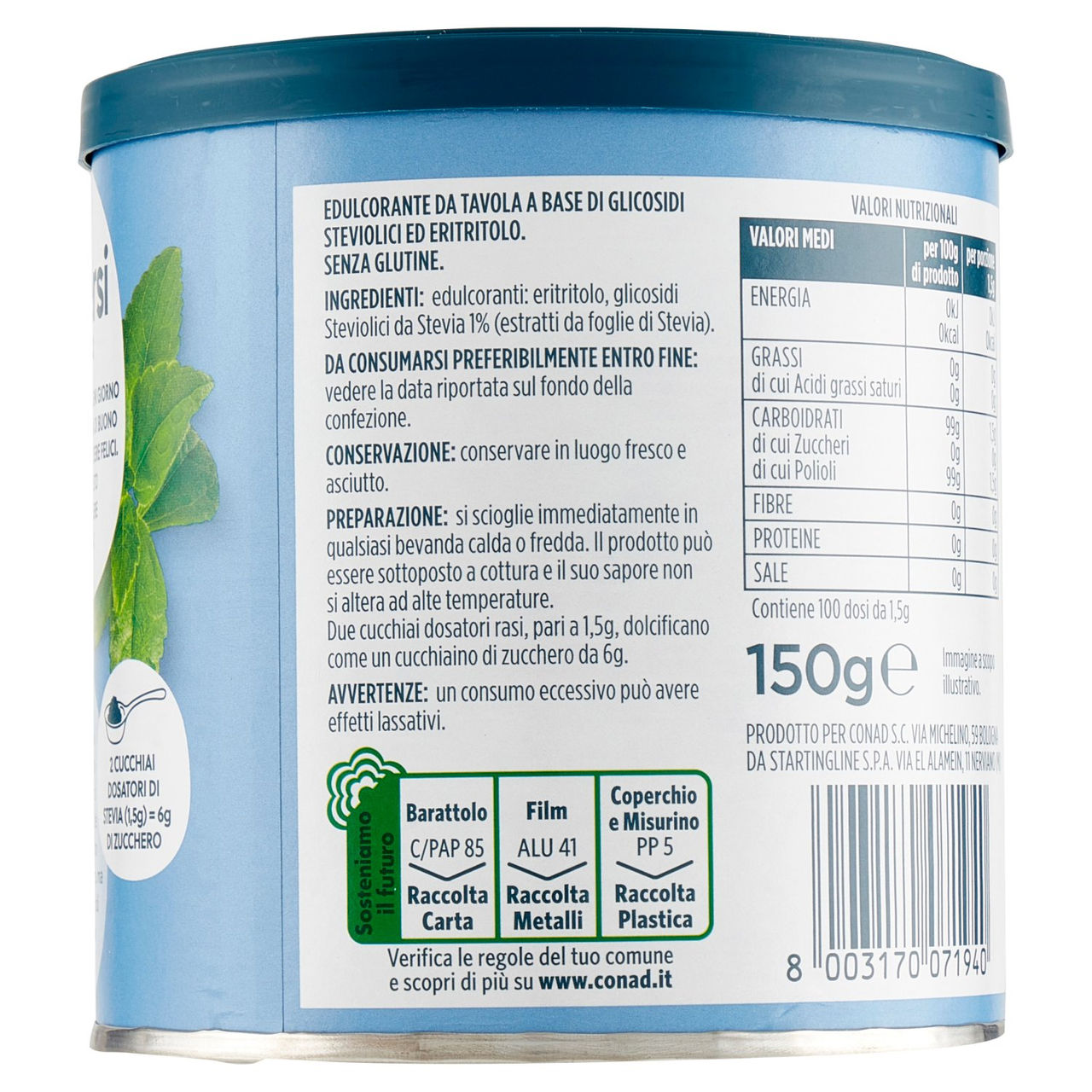 Stevia Dolcificante Naturale 150g Conad