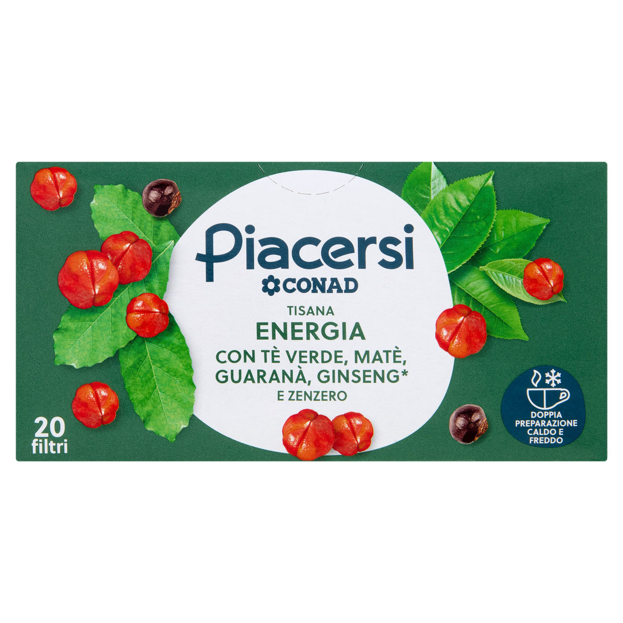 PIACERSI CONAD Tisana Energia con Tè Verde, Matè, Guaranà, Ginseng* e Zenzero 20 filtri da 2,5 g