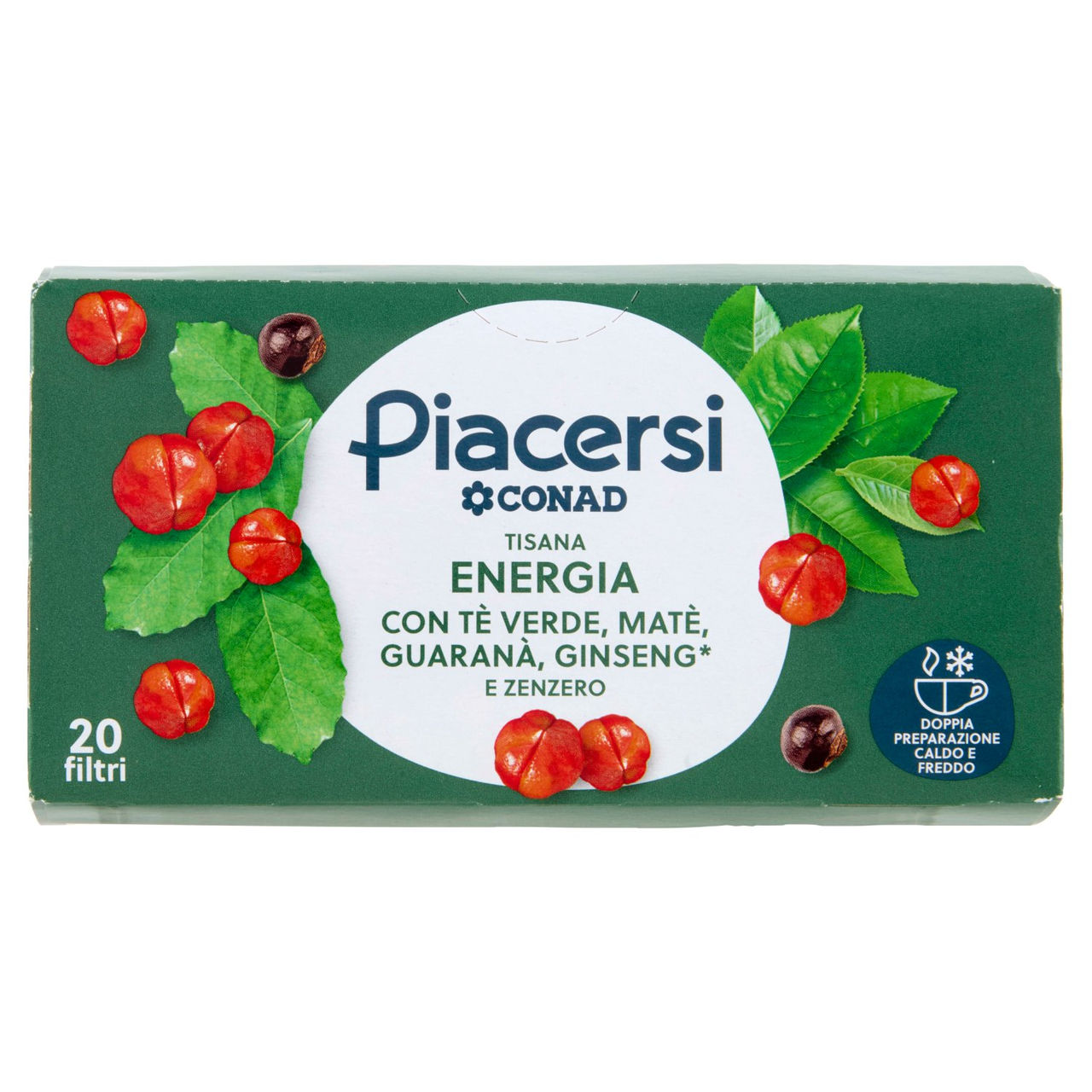 PIACERSI CONAD Tisana Energia con Tè Verde, Matè, Guaranà, Ginseng* e Zenzero 20 filtri da 2,5 g