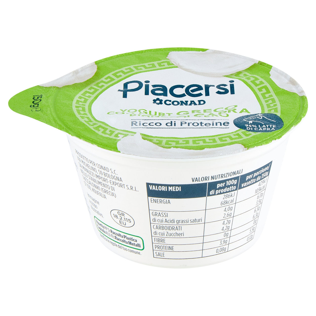 PIACERSI CONAD Yogurt Greco con Latte di Capra Bianco Intero 150 g