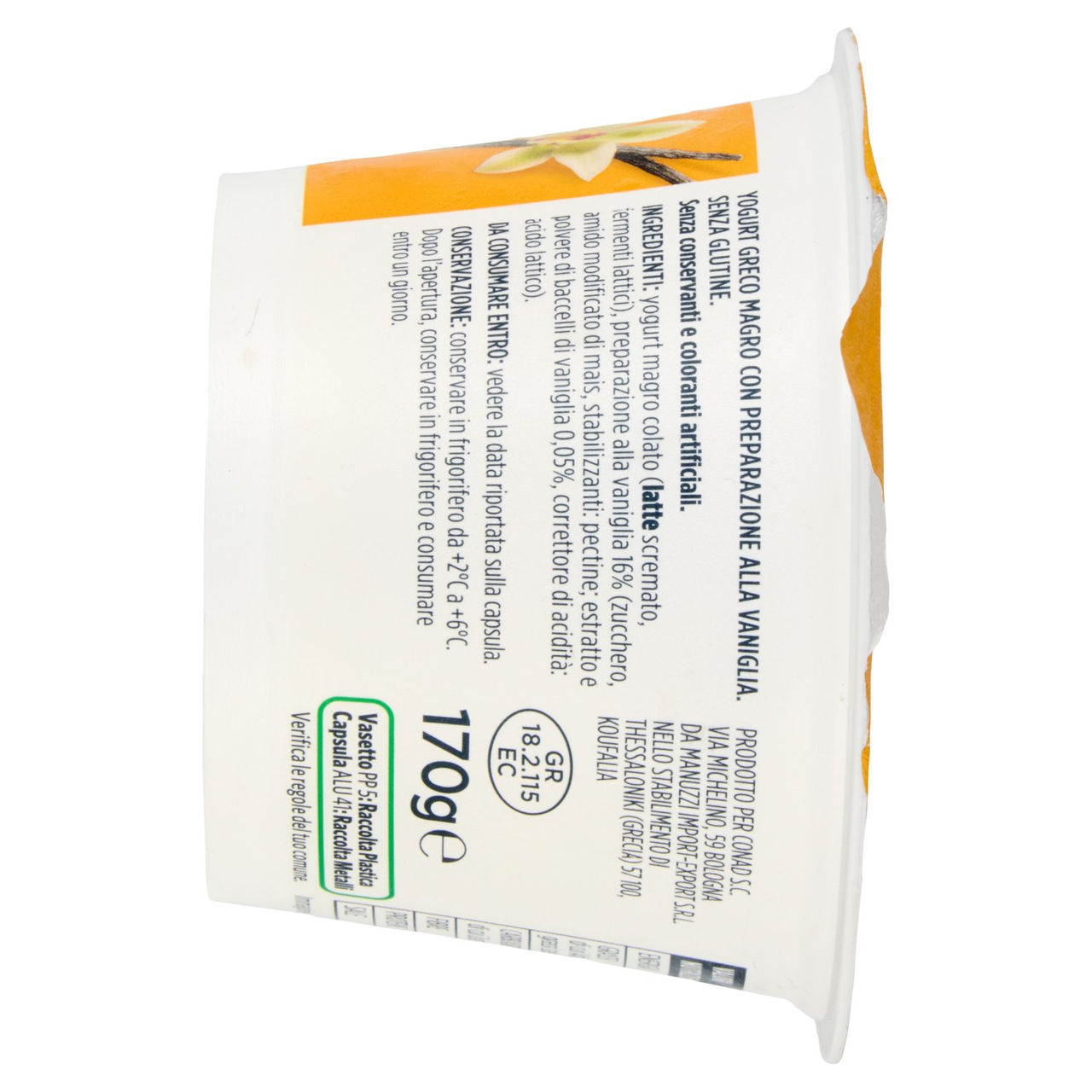 PIACERSI CONAD Yogurt Greco Vaniglia 0% di Grassi 170 g