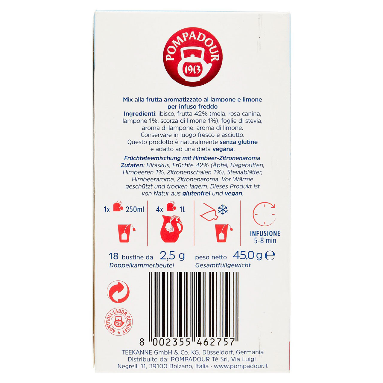 Pompadour Fredde Infusioni Lampone e Limone 18 x 2,5 g