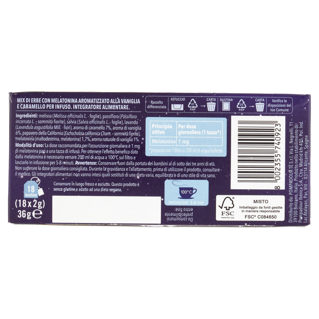 Pompadour Infuso Erbe del sonno Melatonina in Filtri Senza Zucchero bustine 18 x 2 g