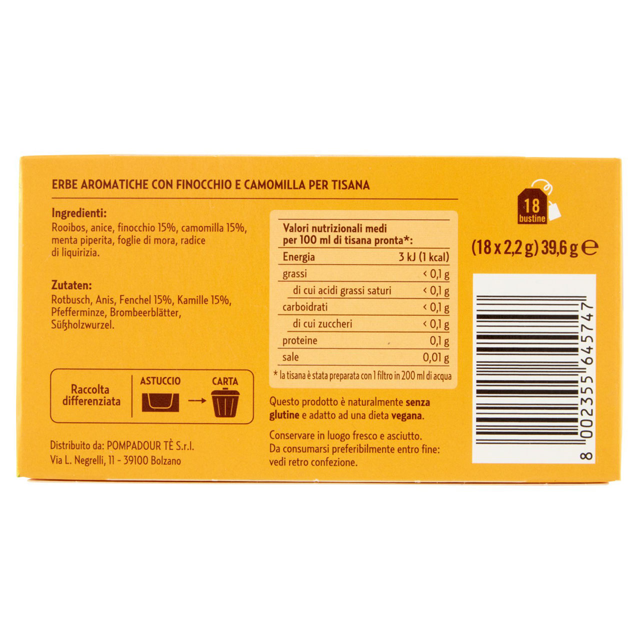 Pompadour Le Tisane Digestiva con Finocchio e Camomilla 18 x 2,2 g