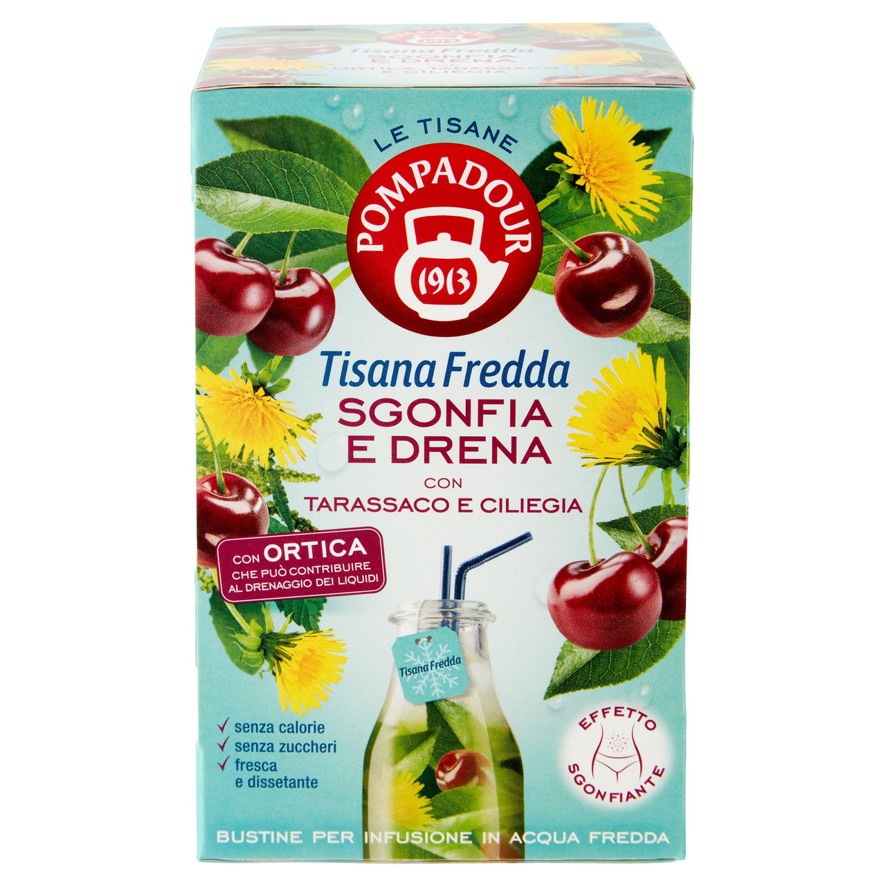 Pompadour Le Tisane Tisana Fredda Sgonfia e Drena con Tarassaco e Ciliegia 18 x 2,5 g