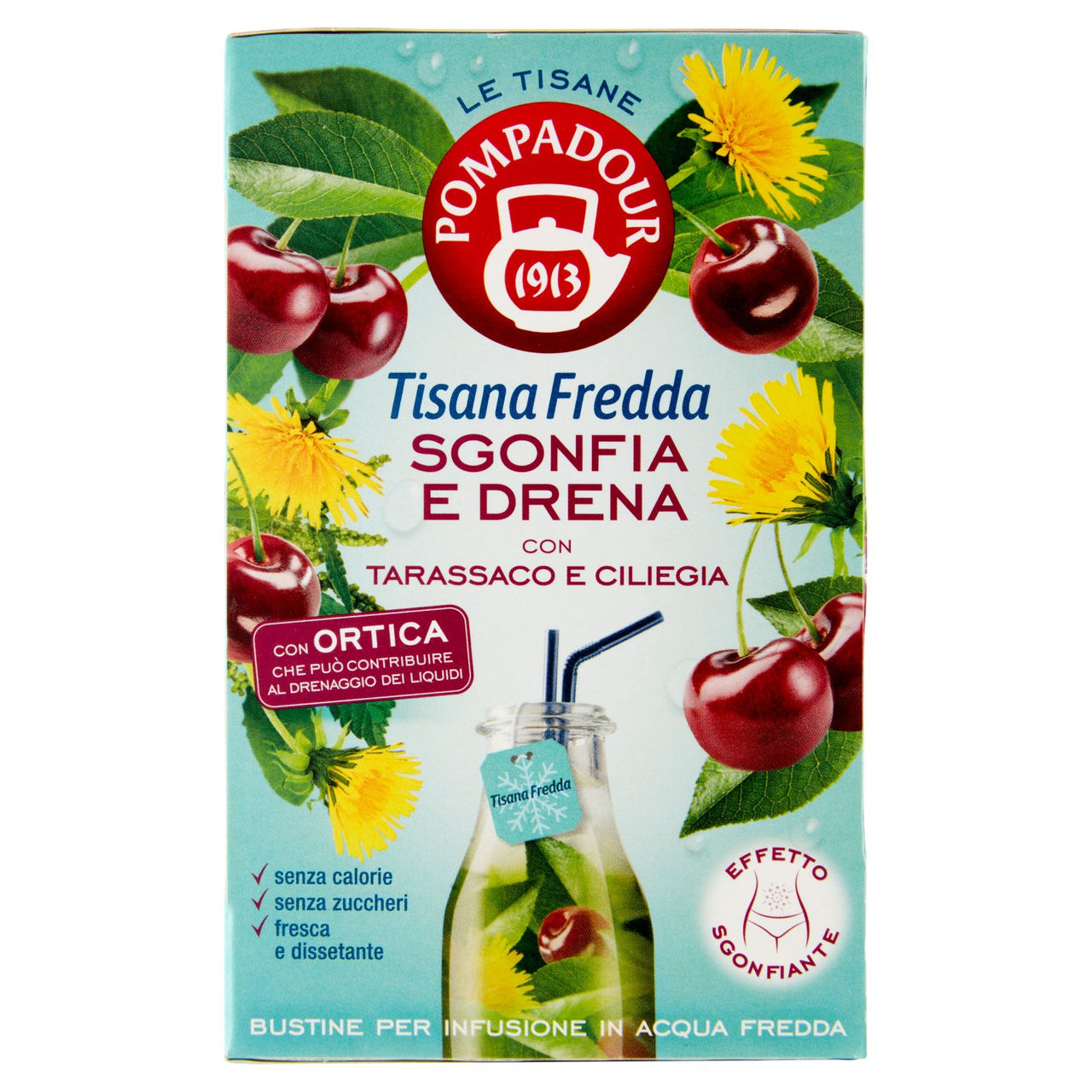 Pompadour Le Tisane Tisana Fredda Sgonfia e Drena con Tarassaco e Ciliegia 18 x 2,5 g