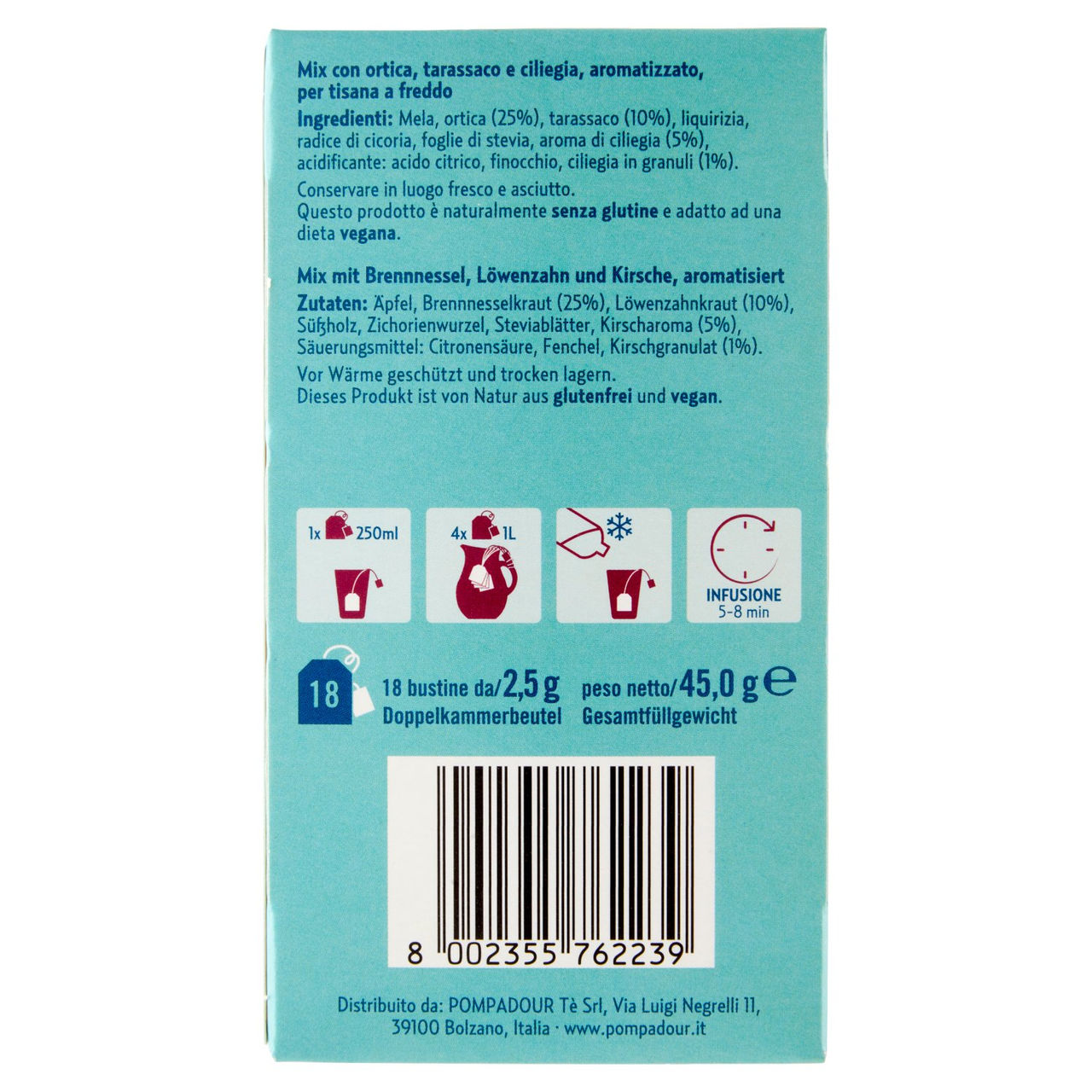 Pompadour Le Tisane Tisana Fredda Sgonfia e Drena con Tarassaco e Ciliegia 18 x 2,5 g