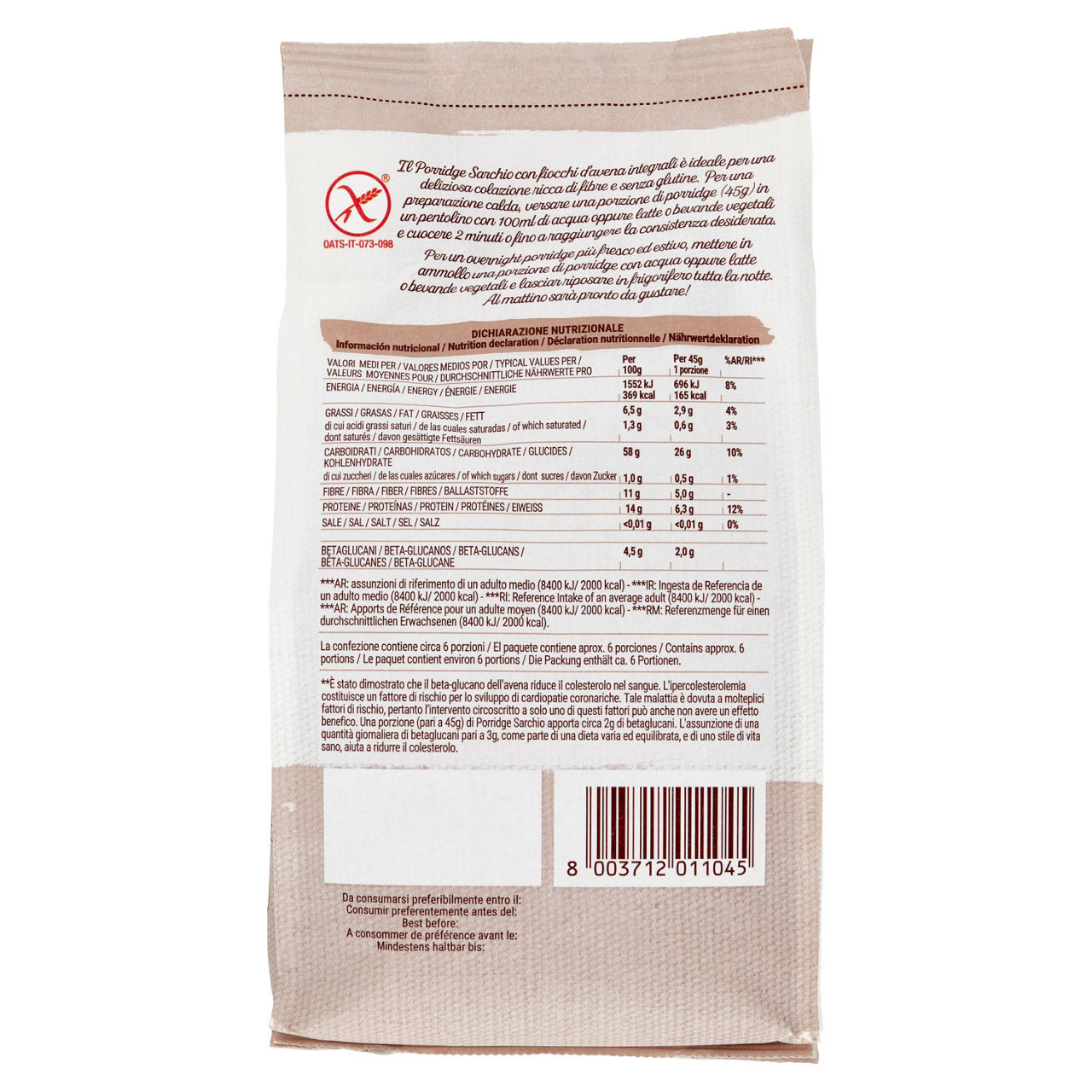 Porridge con fiocchi di avena integrali Sarchio biologico 300 g