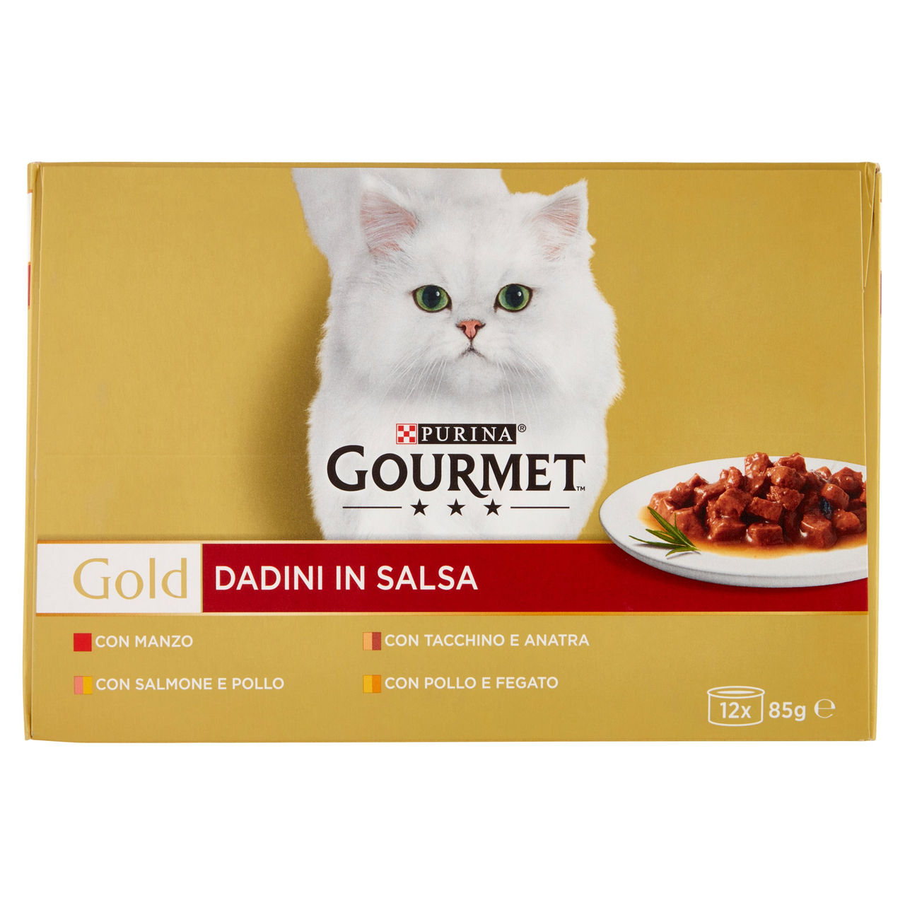 PURINA GOURMET Gold Dadini in Salsa Manzo/Salmone & Pollo/Tacchino & Anatra/Pollo & Fegato 12x85g