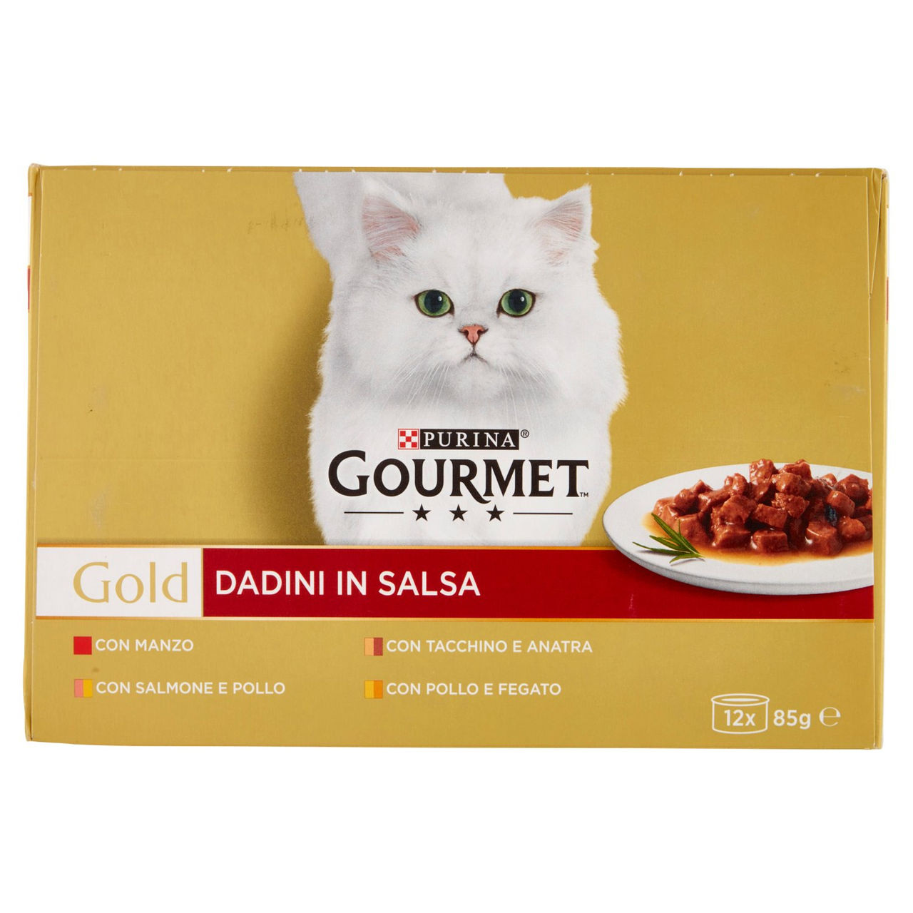 PURINA GOURMET Gold Dadini in Salsa Manzo/Salmone & Pollo/Tacchino & Anatra/Pollo & Fegato 12x85g