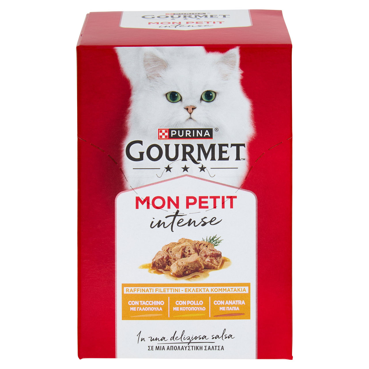 PURINA GOURMET Mon Petit Filettini Intense cotti in Salsa Tacchino, Pollo, Anatra 6x50g