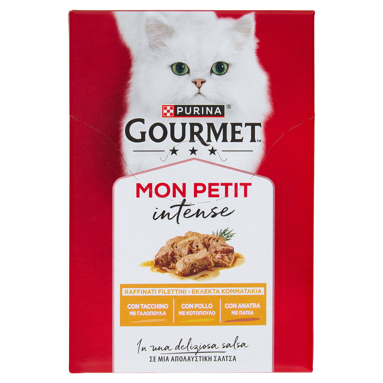 PURINA GOURMET Mon Petit Filettini Intense cotti in Salsa Tacchino, Pollo, Anatra 6x50g